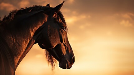 Horse s head in sunset s glow. silhouette concept