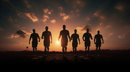 Fototapeta premium Football players shadows on the evening sky. silhouette concept