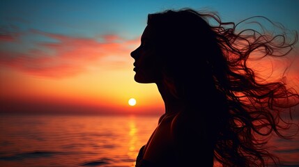 Young woman s silhouette against a sunset over the sea - Powered by Adobe