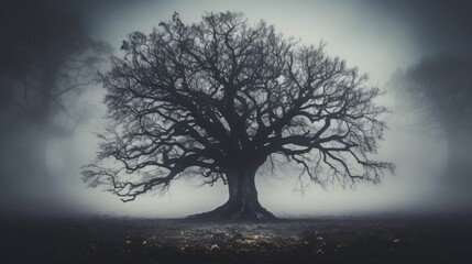 Fototapeta na wymiar Foggy day silhouette of an ancient oak tree