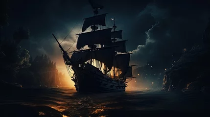 Fototapeten Silhouette of pirate ship at night with mysterious sea light © HN Works