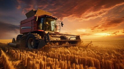Fototapeta premium Using a combine harvester to gather wheat in a field during a summer sunset and transferring it to a tractor. silhouette concept
