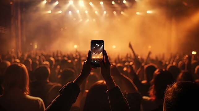 Photographing or filming the concert using a smartphone. silhouette concept