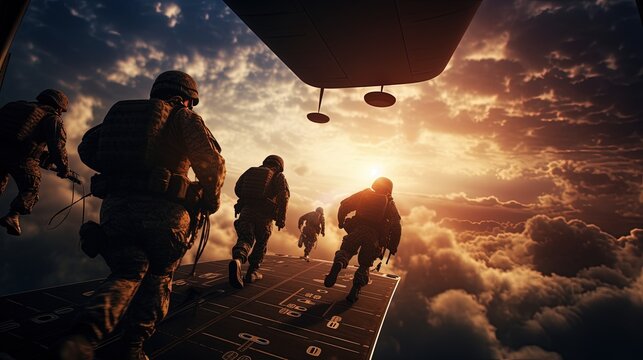 Army soldiers and paratroopers descending from an Air Force C 130 during an airborne operation. silhouette concept