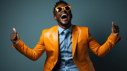 Young man with orange glasses and funky suit laughing hard in front of a coloured background , Commercial style, Generative AI