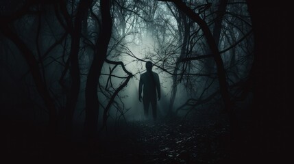 Creepy figure in shadowy woods. silhouette concept