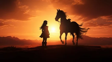 Fotobehang Warm oranje Young girl on horseback gazes into sunrise. silhouette concept