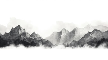 Black and white hand drawn pencil sketch of a mountain landscape with rocky peaks in a graphic style on a white background. silhouette concept