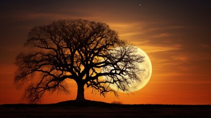 Silhouetted oak tree at sunset with full moon against golden sky in winter