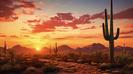 Sonoran desert sunset in Phoenix Arizona featuring a large Saguaro cactus. silhouette concept - Powered by Adobe