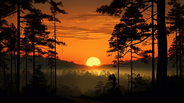 Sunrise in Pine Forest Thailand. silhouette concept