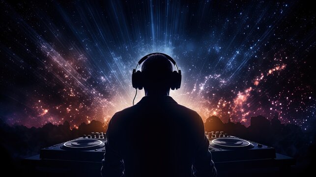 Night club DJ wearing headphones under party lights showcasing the nightout theme. silhouette concept