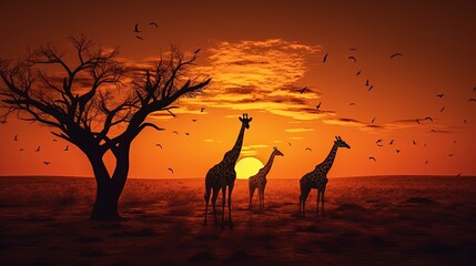 Fototapeta na wymiar Giraffe shapes and a dead tree in front of a sunset. silhouette concept