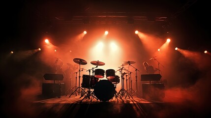 Live drum on stage with spotlights illuminating smoke music and concert background. silhouette concept