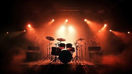 Live drum on stage with spotlights illuminating smoke music and concert background. silhouette...