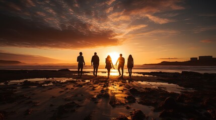 Silhouetted individuals on a beach in County Wicklow during sunset on Ireland s east coast