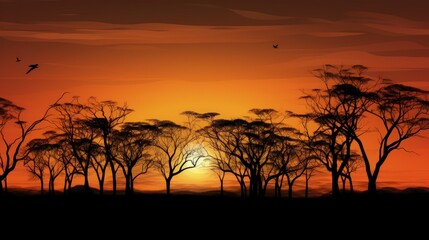 Stunning sunset scene with tree silhouettes in a forest