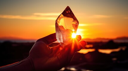Selective focus shot of a hand pointing crystal towards sunset. silhouette concept