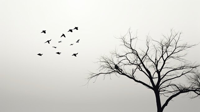 Monochrome picture of bird shadows on tree branches. silhouette concept