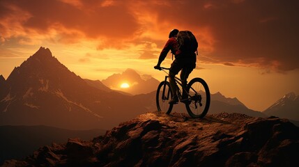 Naklejka na ściany i meble Man on mountain bike sunset silhouette