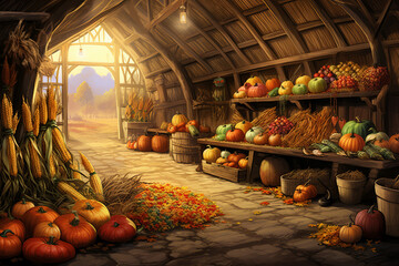 Pumpkins, corn, herbs, squashes in rustic wooden barn in village. Harvest in countryside concept.Thanksgiving. Flat stylish illustration