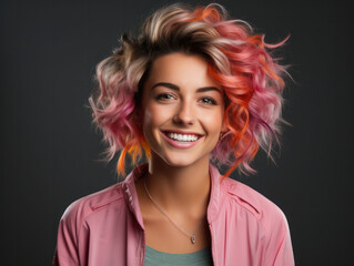 Fototapeta premium Young women with curls and pink highlights smiling in front of a coloured background , Commercial style, Generative AI