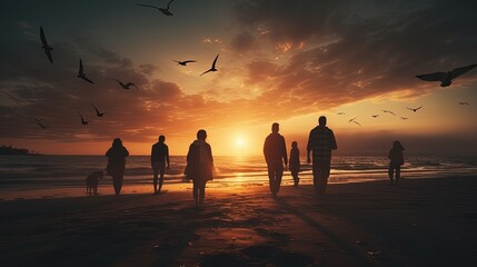People on the Baltic seashore watching seagulls at sunset. silhouette concept