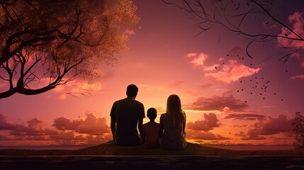 Happy family silhouetted outside private home observing dramatic sunset sky