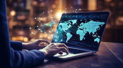 Marketing and promotion concept with world map laptop and social network icons in a double exposure composition. silhouette concept