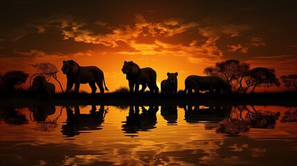 Fototapeta na wymiar Lions silhouette reflected in water during African safari