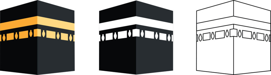 Kaaba design collection set. The Kaaba or Kabah, is a building at the center of Islam most important mosque Masjid al-Haram in Mecca, Saudi Arabia, direction of prayer for Muslims around the world.