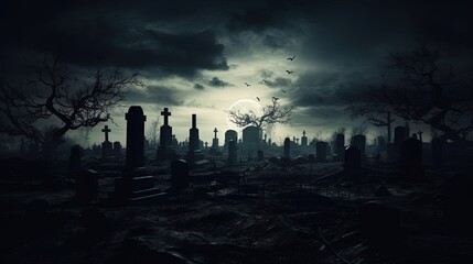 Creepy cemetery at night with haunted atmosphere evoking feelings of sadness death and horror. silhouette concept