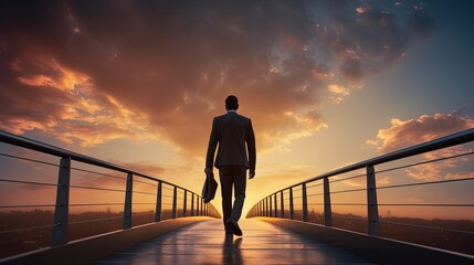 Businessman walking on bridge at sunset. silhouette concept