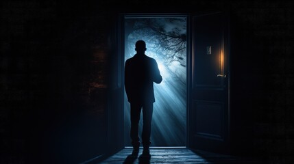 Fototapeta na wymiar Unseen adult male lurking behind the door. silhouette concept