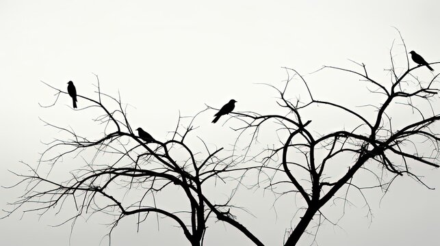 Monochrome picture of bird shadows on tree branches. silhouette concept