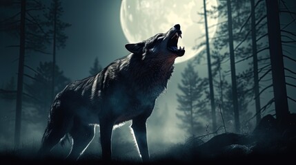Wolf howling at full moon in eerie fog Halloween horror theme. silhouette concept