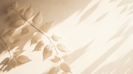 Minimalistic concept photography for blogging featuring beige monochrome backdrop or screensaver with abstract natural leaf shadows on a white wall. silhouette concept