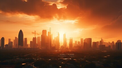 Fototapeta premium Sunset in summer illuminates golden skylined Bangkok Thailand s capital in southeast Asia. silhouette concept