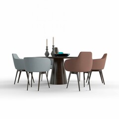 3D render of a modern and stylish living space with a contemporary dining table surrounded by chairs