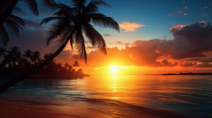 Naklejka na ściany i meble Sunset on a tropic shore. silhouette concept