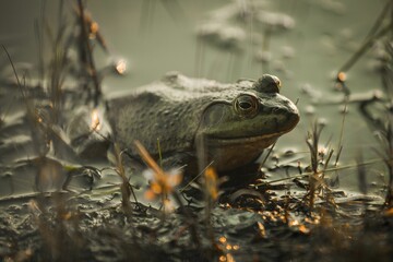 Green Bullfrog perched in a small pond