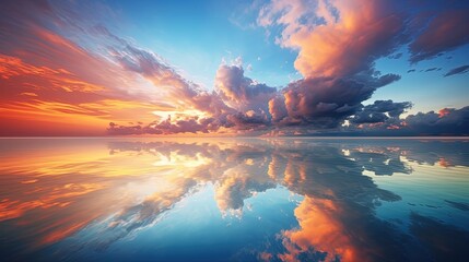 Stunning sight of cloud filled sky reflecting in tropical sea at sunrise or sunset. silhouette concept