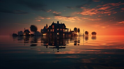 Fototapeta premium Sunset on a water villa built on stilts. silhouette concept