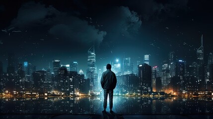 man alone in city at night. silhouette concept