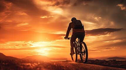 Obraz premium Man silhouette riding bicycles outdoors at sunset
