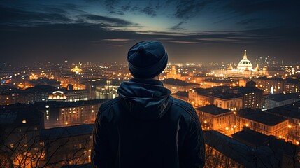 Hipster photographer in a baseball cap reflects on the beautiful evening cityscape of Kiev soft focused lights illuminate the apartment blocks. silhouette concept