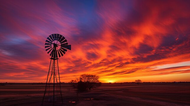Colorful sunset with windmill and trees in rural Kansas north of Hutchinson. silhouette concept