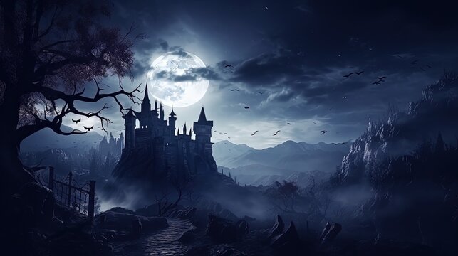 Ghost walking to haunted castle ruins under full moon creating a chilling Halloween scene. silhouette concept