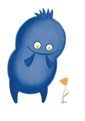 cute blue monster with flower cartoon illustration isolated