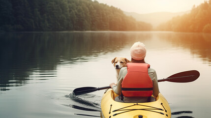 Woman in her 30s in a kayak with her dog
 - Powered by Adobe